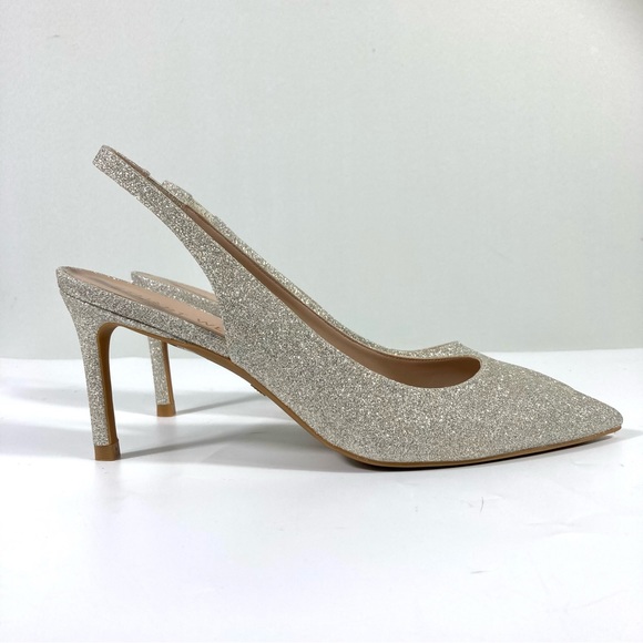 NWB Stuart Weitzman Linsi 75 Pointed Toe Glitter Slingback Pump Glitter Platino - Picture 5 of 17
